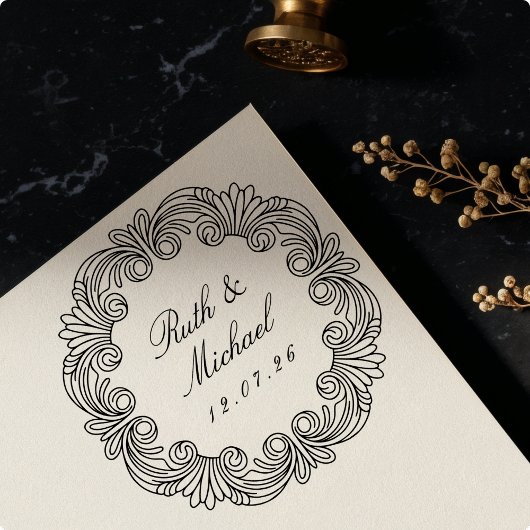 Tampons Encreurs Ornate Baroque Scrollwork Mariage en bois Nom Date