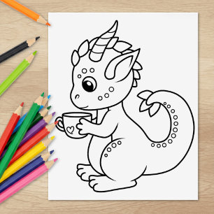 Tampons Encreurs Petit Dragon mignon tenant une page de coloriage d