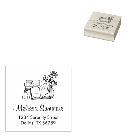 Tampons Encreurs Pile de livres, livre ouvert, fleurs adresse (Tamponné)