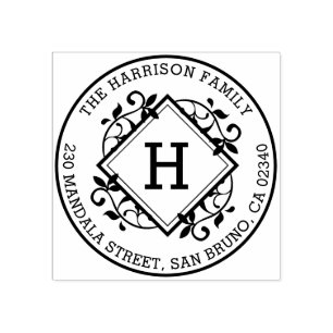 Tampons Encreurs Retro Botanical Round Nom de famille et adresse de