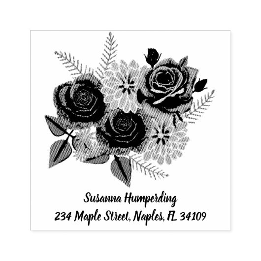 Tampons Encreurs Roses et Dahlias Timbre en bois avec adresse (Impression)