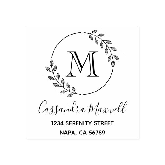Tampons Encreurs Round Leaves Wreath Monogram Address (Impression)
