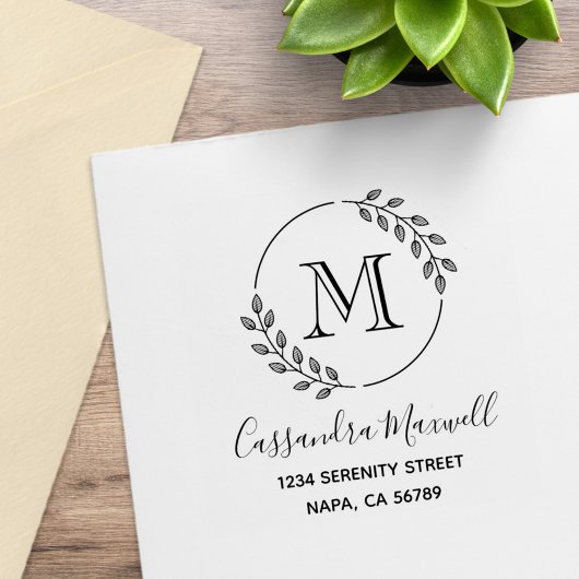 Tampons Encreurs Round Leaves Wreath Monogram Address