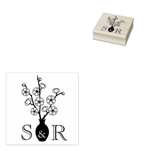 Tampons Encreurs Sakura Cherry Blossom Vase Mariage Monogramme (Tamponné)