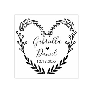 Tampons Encreurs Sauvez la date, moderne cadre de coeur feuilles