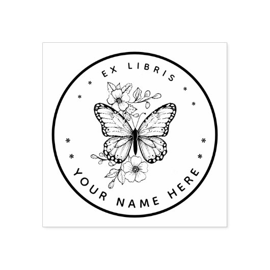 Tampons Encreurs Timbre ex libris rond papillon floral (Impression)