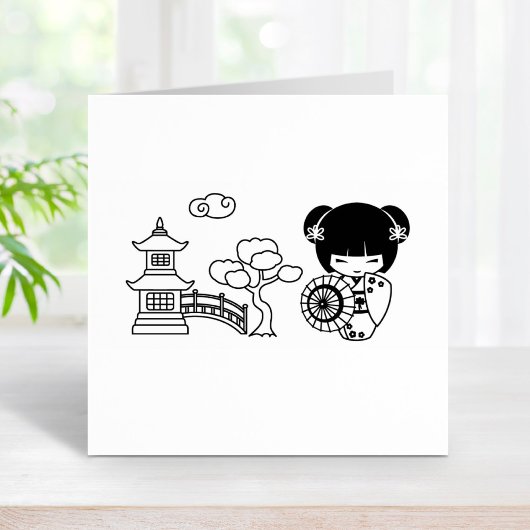 Tampons Encreurs Un parapluie asiatique Geisha Girl en Kimono Scrap