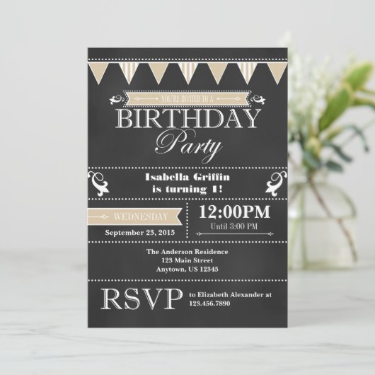 Tan Beige Black Chalkboard Invitation Anniversaire (Debout devant)