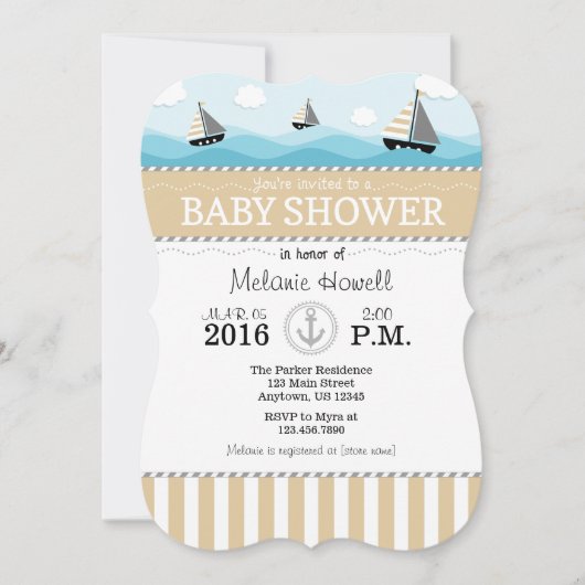 Tan Beige Bleu Baby shower nautique Invitation (Devant)