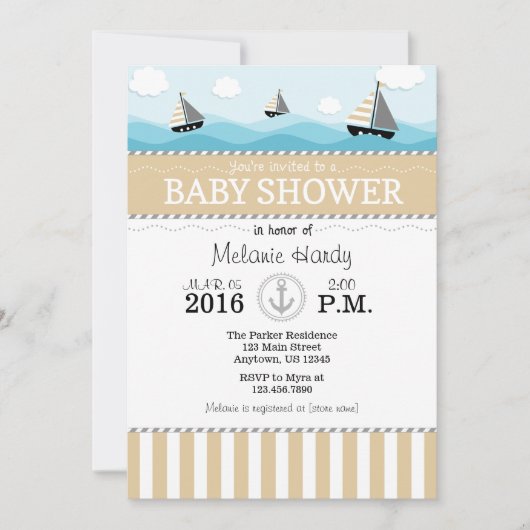 Tan Beige Bleu Baby shower nautique Invitation (Devant)