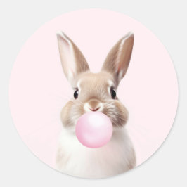 Tan Beige Bunny Blowing Pink Bubble Gum Ronde Sticker