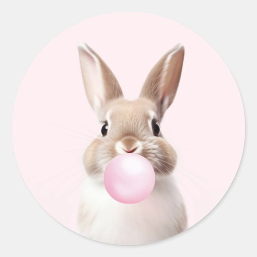 Tan Beige Bunny Blowing Pink Bubble Gum Ronde Sticker (Voorkant)