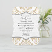 Tan Beige Gray Damask Bracket Wedding Invite Kaart (Staand voorkant)