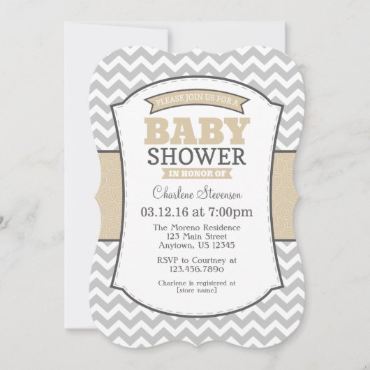 Tan Beige Grey Chevron Baby shower Invitation (Devant)