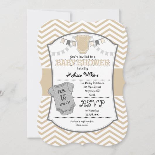 Tan Beige Grey Chevron Baby shower Invitation (Devant)