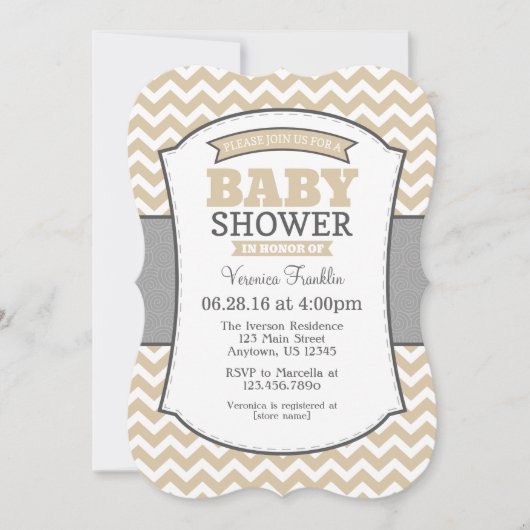Tan Beige Grey Chevron Baby shower Invitation (Devant)