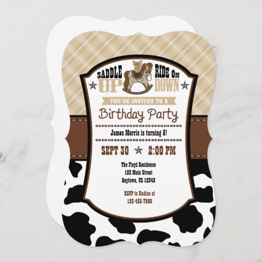 Tan Beige Plaid Cowhide Cowboy Invitation d'annive (Devant / Derrière)