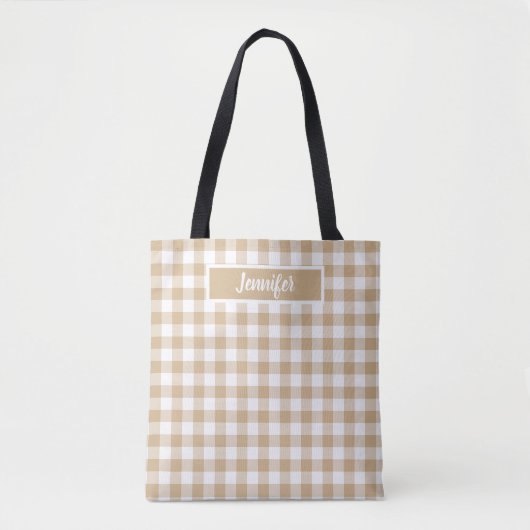 Tan Beige Plaid Gingham Personalized Draagtas (Voorkant)