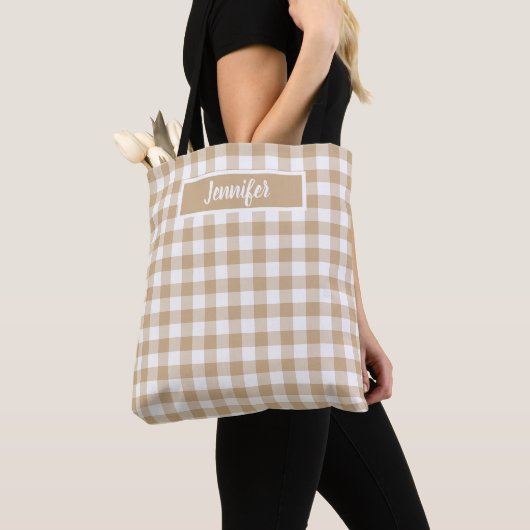 Tan Beige Plaid Gingham Personalized Draagtas (Dichtbij)