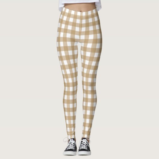 Tan Beige Vrouwen Mode Gingham Leggings (Voorkant)