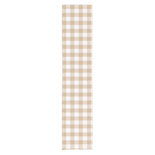 Tan Beige White Gingham Plaid Table Runner Korte Tafelloper (Voorkant)