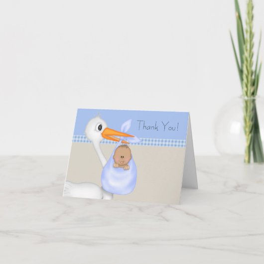 Tan Blue Stork Baby Boy Merci Cartes (Devant)