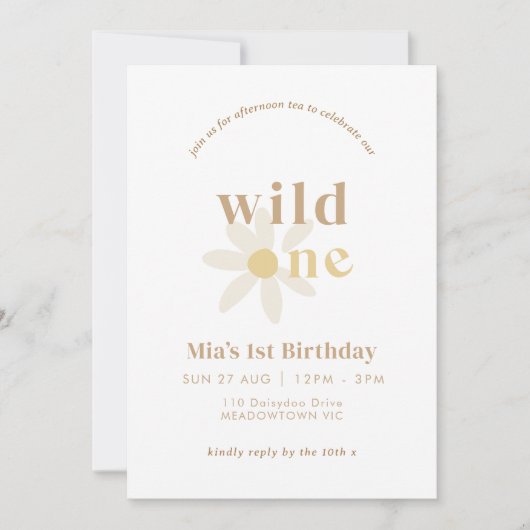 Tan Boho Daisy Floral First Birthday Invitation (Devant)