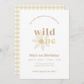 Tan Boho Daisy Floral First Birthday Invitation (Devant / Derrière)
