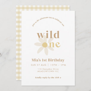 Tan Boho Daisy Floral First Birthday Invitation