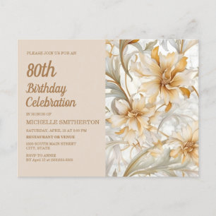 Tan Champagne Bloemige Vrouwen 80ste Verjaardag Uitnodiging Briefkaart