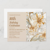 Tan Champagne Floral Vrouwen 80e Verjaardag Uitnodiging Briefkaart (Voorkant / Achterkant)
