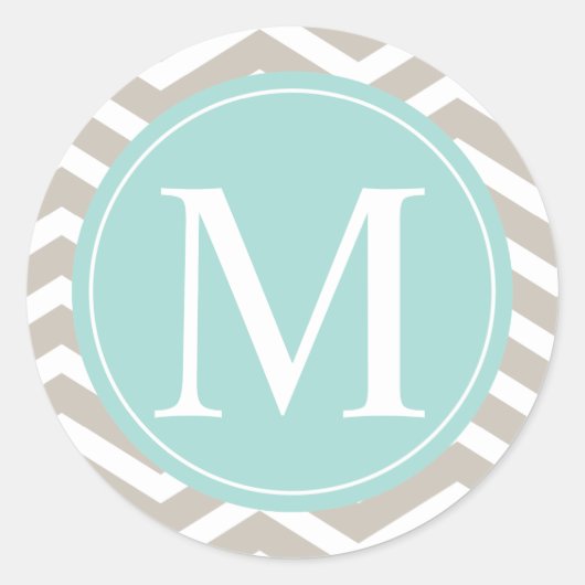 Tan Chevron Turquoise Monogram Ronde Sticker (Voorkant)