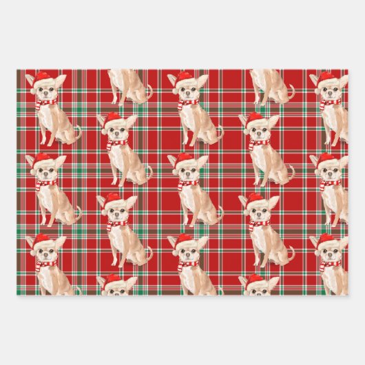 Tan Chihuahua Kersthond en Plaid Inpakpapier Vel (Voorkant 3)