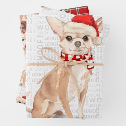 Tan Chihuahua Kersthond en Plaid Inpakpapier Vel (In situ)