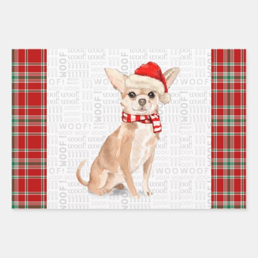 Tan Chihuahua Kersthond en Plaid Inpakpapier Vel (Voorkant)