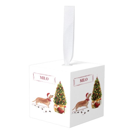 Tan Dachshund Funny kersthond met boom Kubus Ornament (Voorkant hoekig)