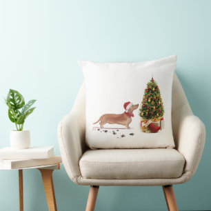 Tan Dachshund Funny kersthond met boom Kussen
