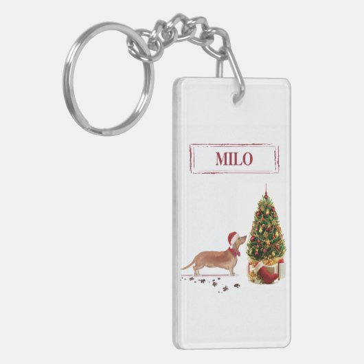 Tan Dachshund Funny kersthond met boom Sleutelhanger (Voorkant Links)
