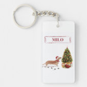 Tan Dachshund Funny kersthond met boom Sleutelhanger (Voorkant)