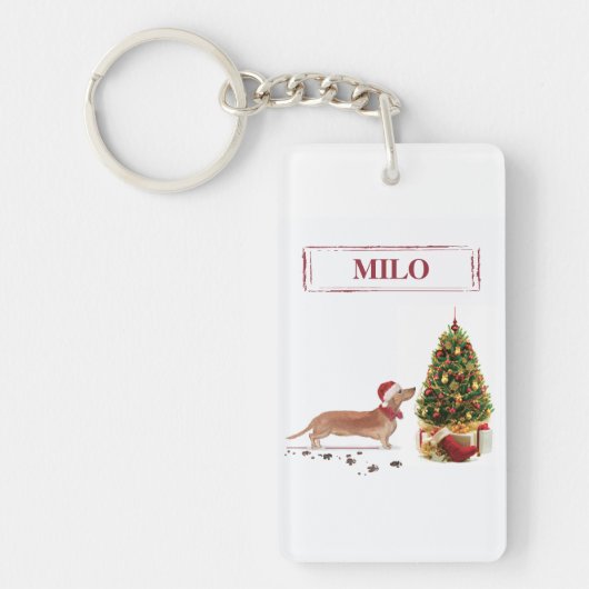 Tan Dachshund Funny kersthond met boom Sleutelhanger (Voorkant)