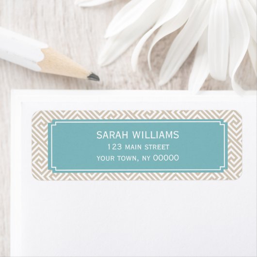 Tan en Aqua Greek Key Pattern Etiket (Insitu)