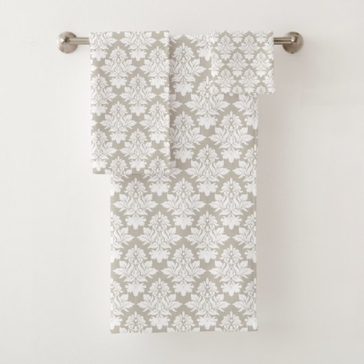 Tan en White Damask Bath Towel Set Bad Handdoek (Insitu)