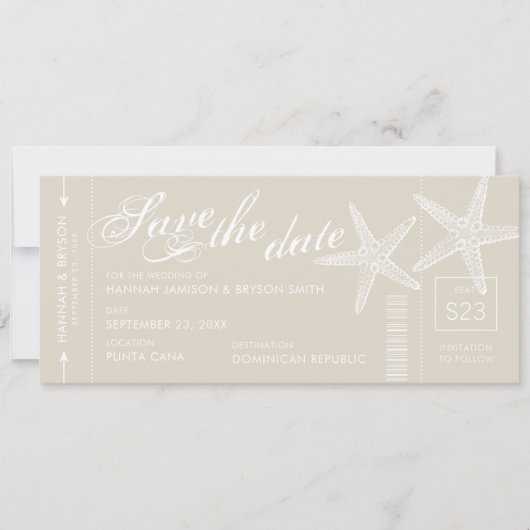 Tan- en witvis aan boord, pas Ticket Save The Date (Voorkant)