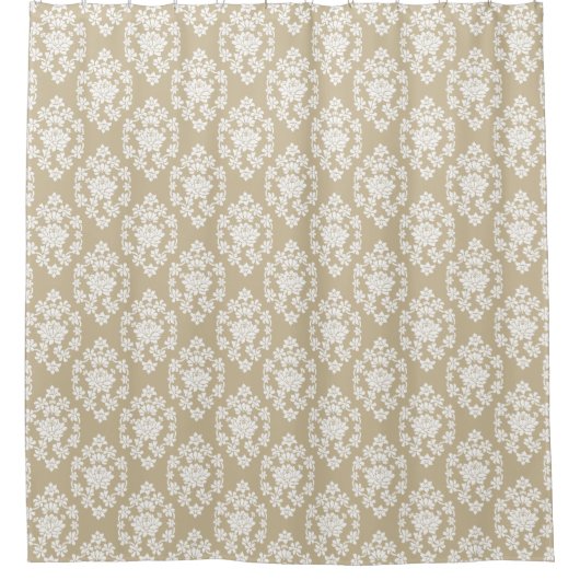 Tan et blanc Floral Damask Douche rideau (Devant)
