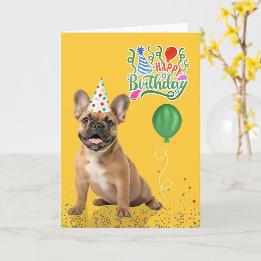 Tan French Bulldog Party Hat Yellow Birthday Kaart (Gele Bloem)