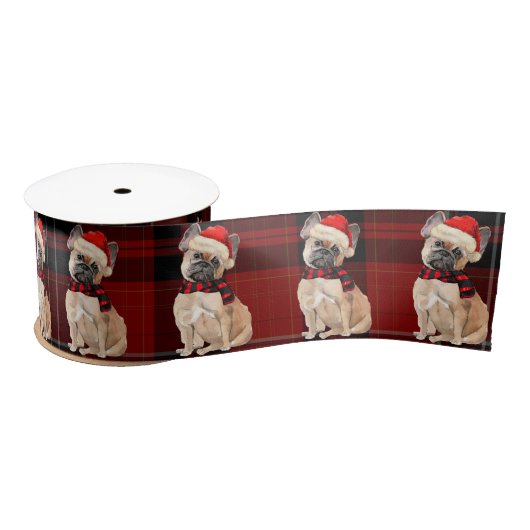 Tan Frenchie Hond en Red Plaid Kerstmis Lint (Spoel)