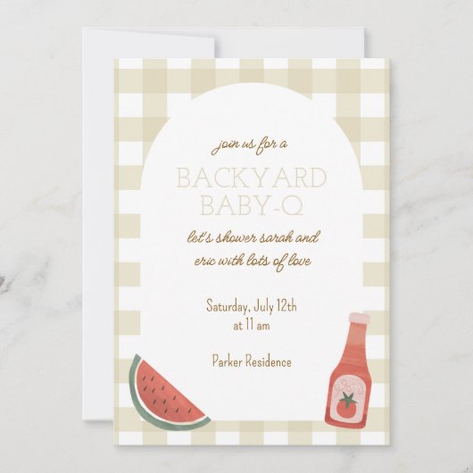 Tan Gingham Baby-Q Baby Shower Invitation (Devant)