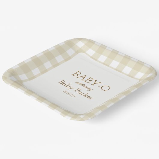 Tan Gingham Baby-Q Square Plate 2 Papieren Bordje (Gebogen)