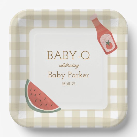 Tan Gingham Baby-Q Square Plate Papieren Bordje (Voorkant)