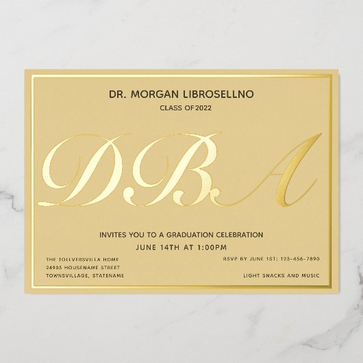 Tan Gold Afstuderen DBA-Afstuderen Folie Uitnodiging (Voorkant)